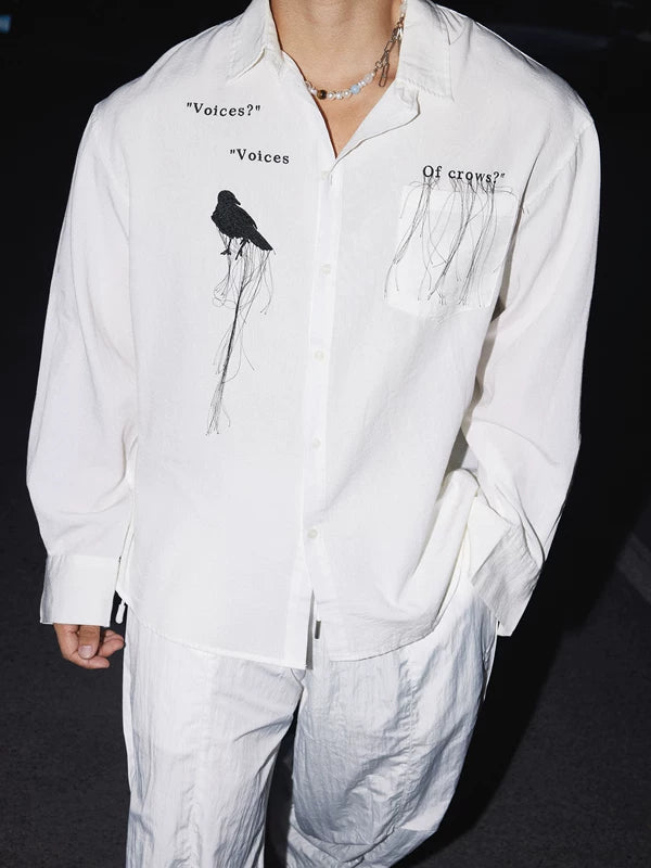 Bird Embroidery Loose-Fit Long Sleeve Shirt 3
