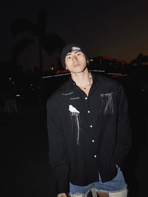 Bird Embroidery Loose-Fit Long Sleeve Shirt 4