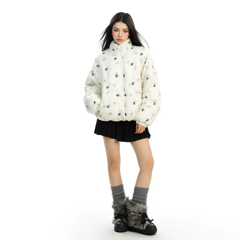 Bow Print Stand Collar Puffer Jacket 2