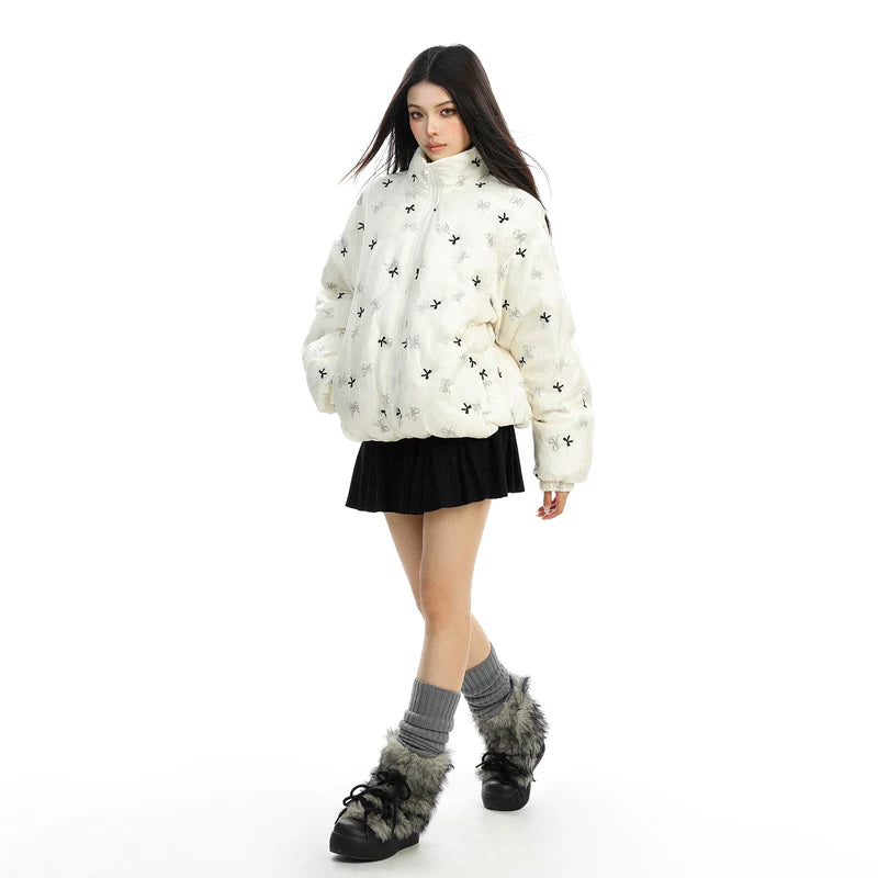 Bow Print Stand Collar Puffer Jacket 4