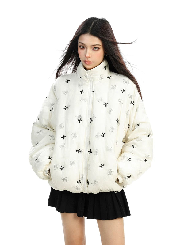 1627207:28320,6173395626358,1627207:28320,6173395626359,1627207:28320,6173395626361,1627207:28320,6173395626360,6173395626358,6173395626359,6173395626361,6173395626360, Bow Print Stand Collar Puffer Jacket