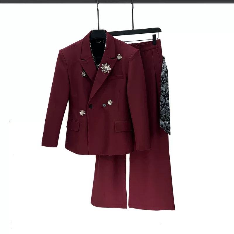 6206184670554,6206184670555,6206184670556, Brooch Embellished Two-Piece Suit With Pants