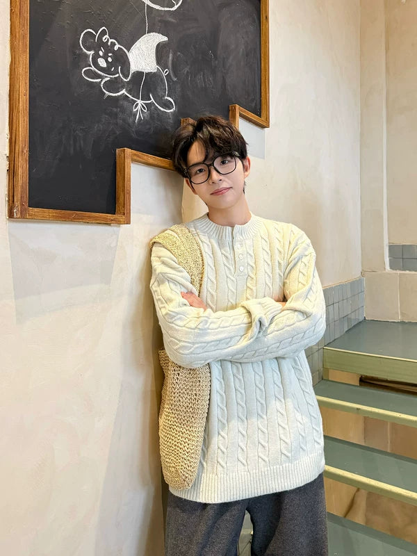 ,6019227509420,6019227509421,6019227509422, Button-Down Henley Cable Knit Sweater