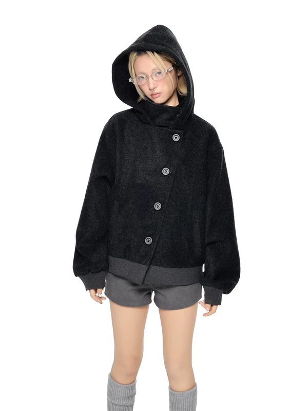 Button-Down Wool Hooded Short Jacket 2