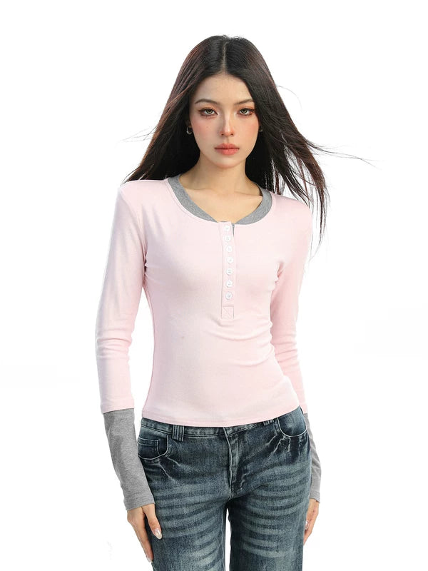 1627207:28323,6169510955082,1627207:28323,6169510955084,1627207:28323,6169510955083,6169510955082,6169510955084,6169510955083, Button Front Layered Long Sleeve T-Shirt