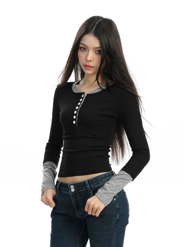 1627207:28341,6169510955086,1627207:28341,6169510955085,1627207:28341,6169510955087,6169510955086,6169510955085,6169510955087, Button Front Layered Long Sleeve T-Shirt