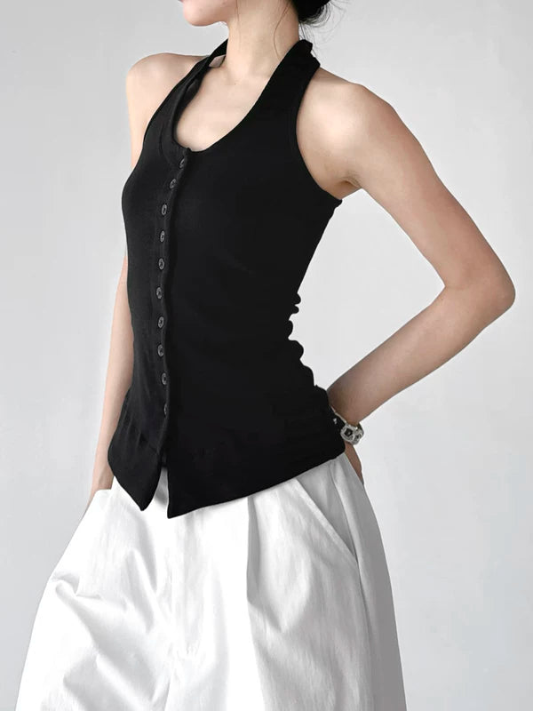 Button Front Slim Fit Halter Tank Top 2