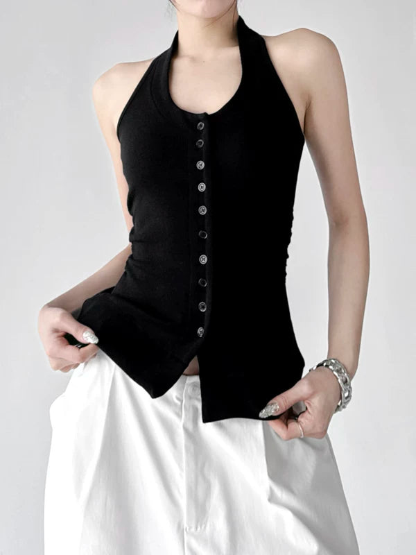 Button Front Slim Fit Halter Tank Top 4