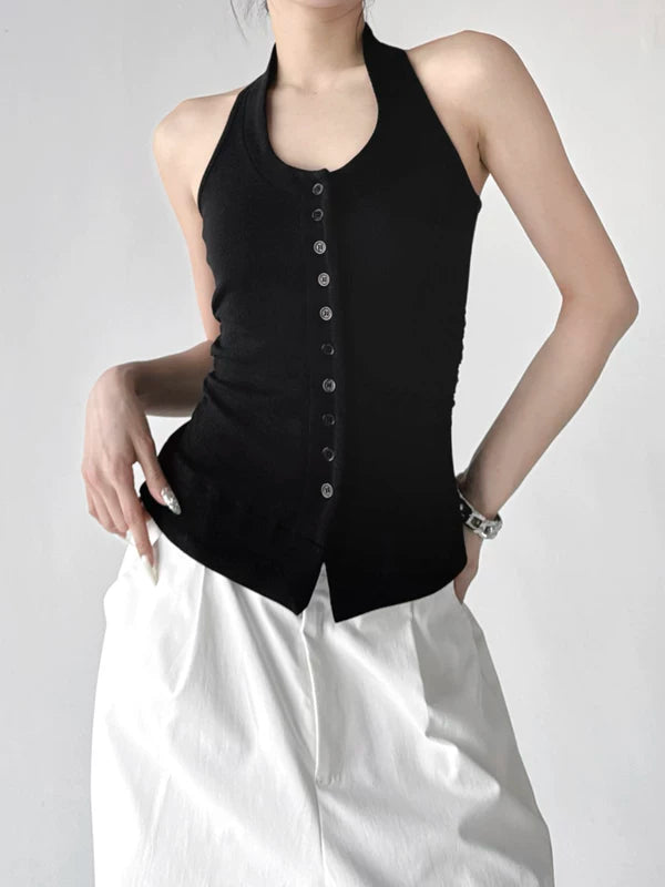 Button Front Slim Fit Halter Tank Top 5