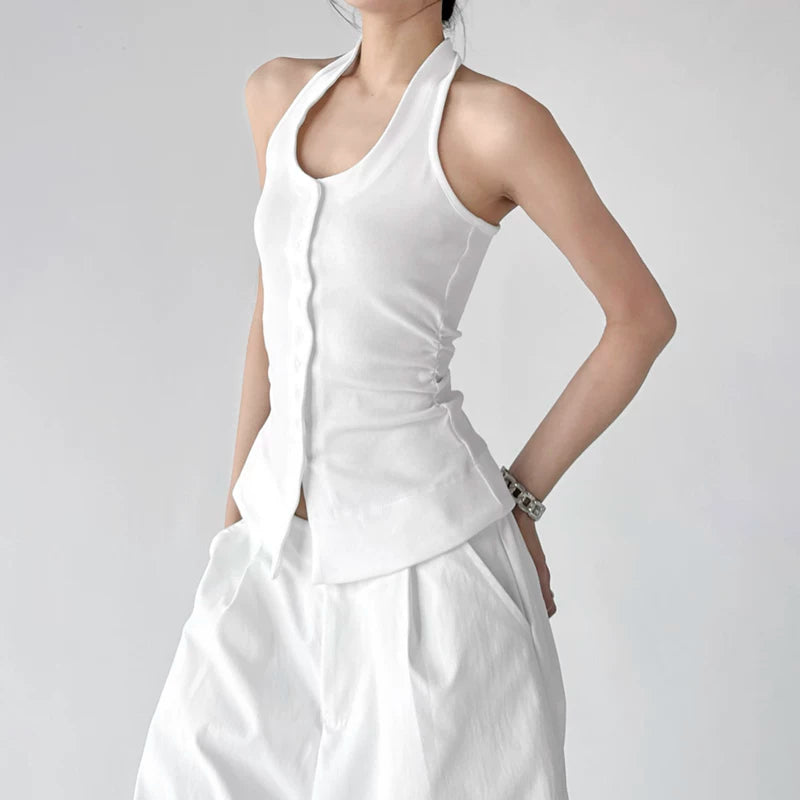 6030650617816,6030650617817,6030650617818,6030650617819, Button Front Slim Fit Halter Tank Top