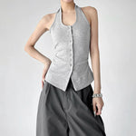 6030650617820,6030650617821,6030650617822,6030650617823, Button Front Slim Fit Halter Tank Top
