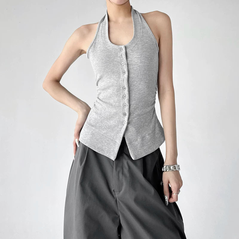 6030650617820,6030650617821,6030650617822,6030650617823, Button Front Slim Fit Halter Tank Top