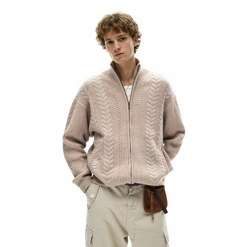 Cable Knit Stand Collar Zip Cardigan Sweater 5