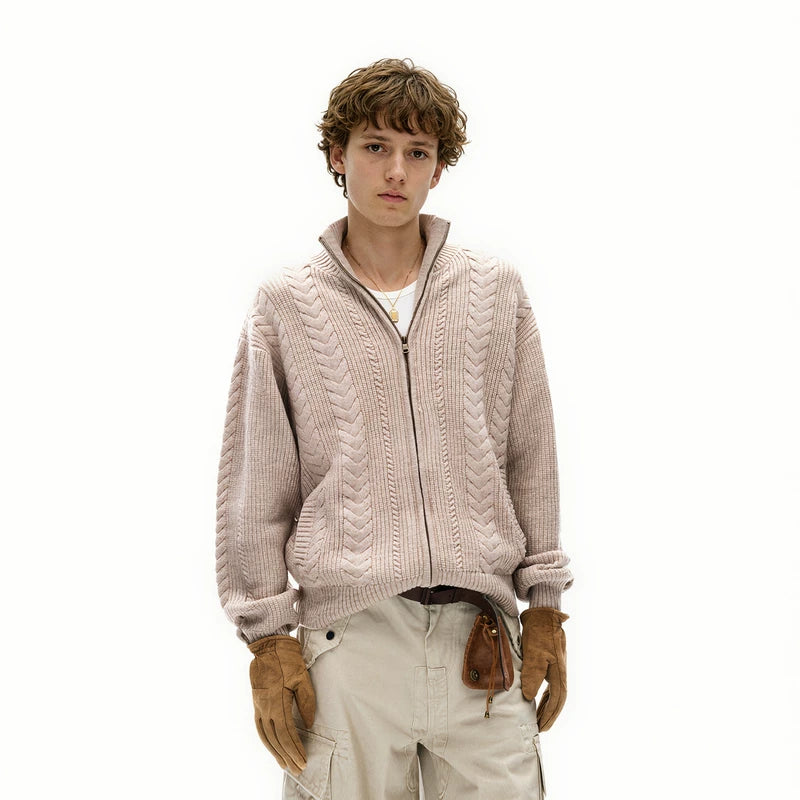 1627207:28331,5965677360403,1627207:28331,5965677360402,1627207:28331,5965677360401,1627207:28331,5965677360400,5965677360403,5965677360402,5965677360401,5965677360400, Cable Knit Stand Collar Zip Cardigan Sweater