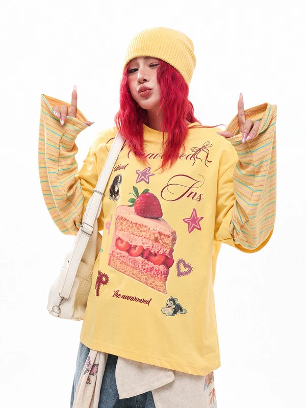 Cake Graphic Faux Layered Long Sleeve T-Shirt 2