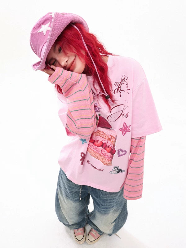 Cake Graphic Faux Layered Long Sleeve T-Shirt 5