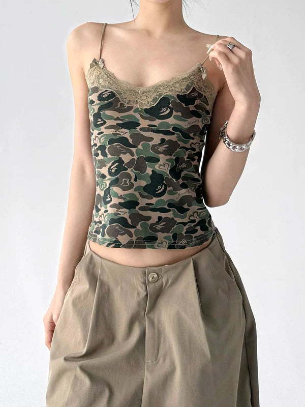 Camouflage Lace Trim Slim Camisole Tank 4
