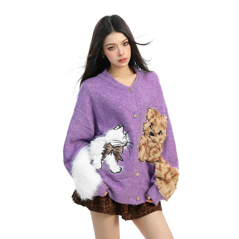 Cartoon Cat and Dog Knit Cardigan 3