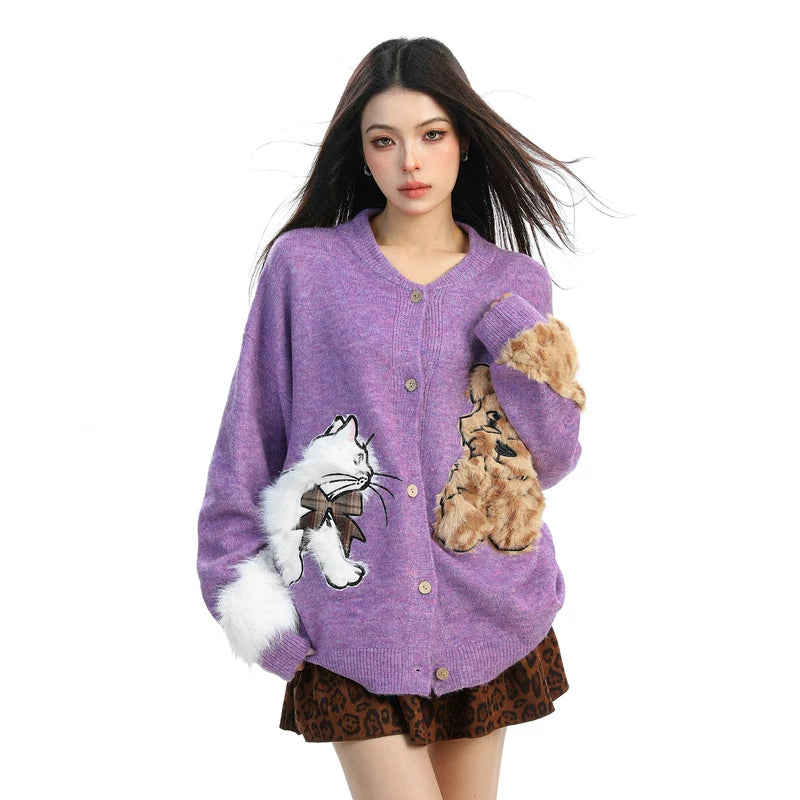 Cartoon Cat and Dog Knit Cardigan 5