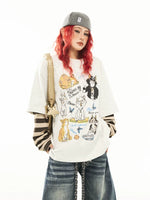 Cartoon Cat Print Striped Layered Turtleneck 3