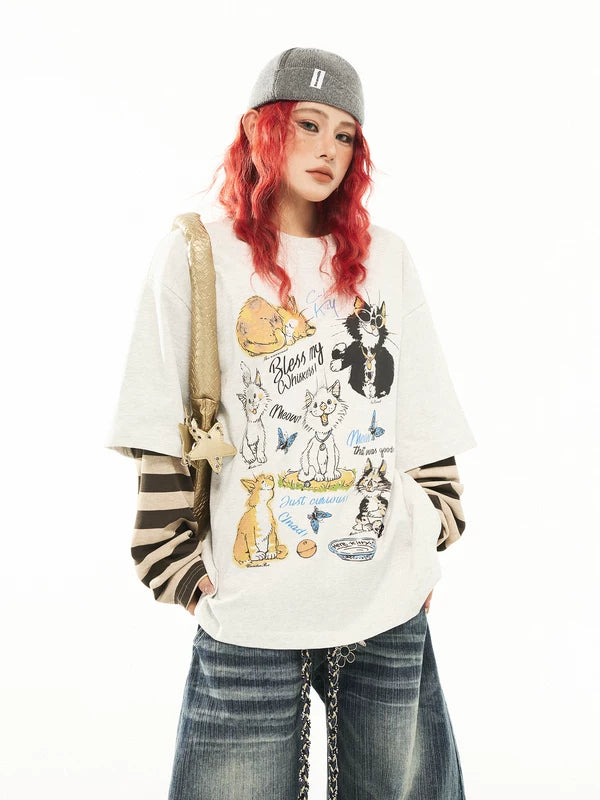 Cartoon Cat Print Striped Layered Turtleneck 3