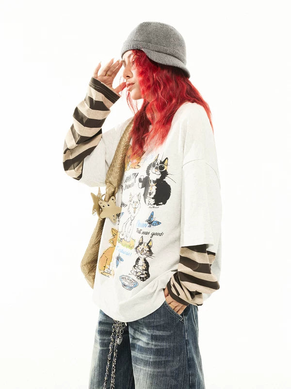 Cartoon Cat Print Striped Layered Turtleneck 4