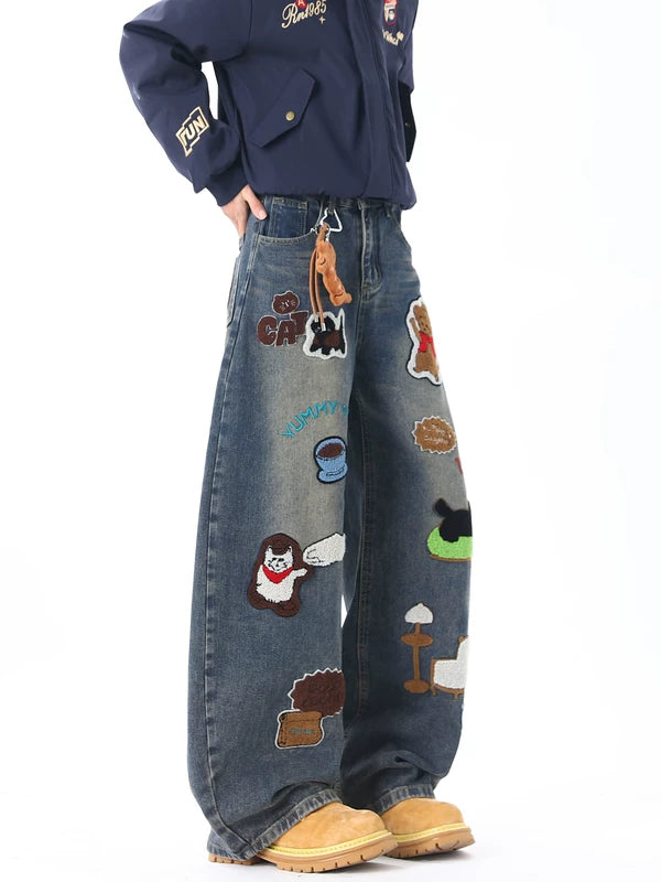 Cartoon Embroidered Wide-Leg Jeans Pants 3