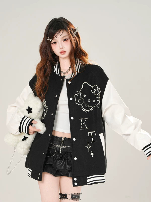 1627207:28341,5927747897463,1627207:28341,5927747897461,1627207:28341,5927747897462,5927747897463,5927747897461,5927747897462, Cartoon Graphic Oversized Baseball Varsity Jacket