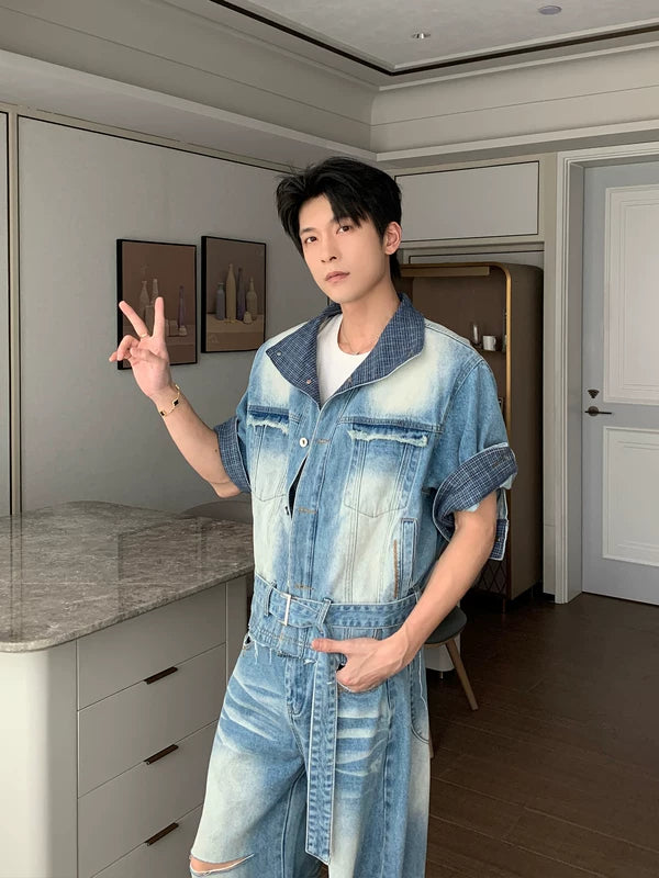 Casual Denim Short-Sleeve Jacket and Pants Set 2