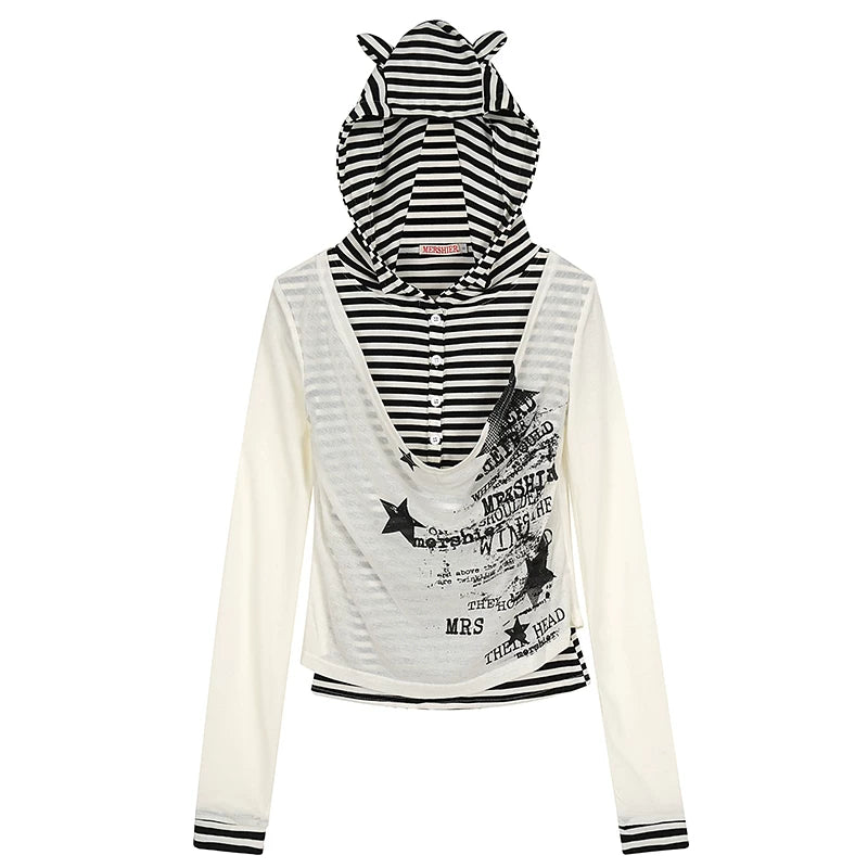 Cat Ear Hooded Layered Print Pullover 5