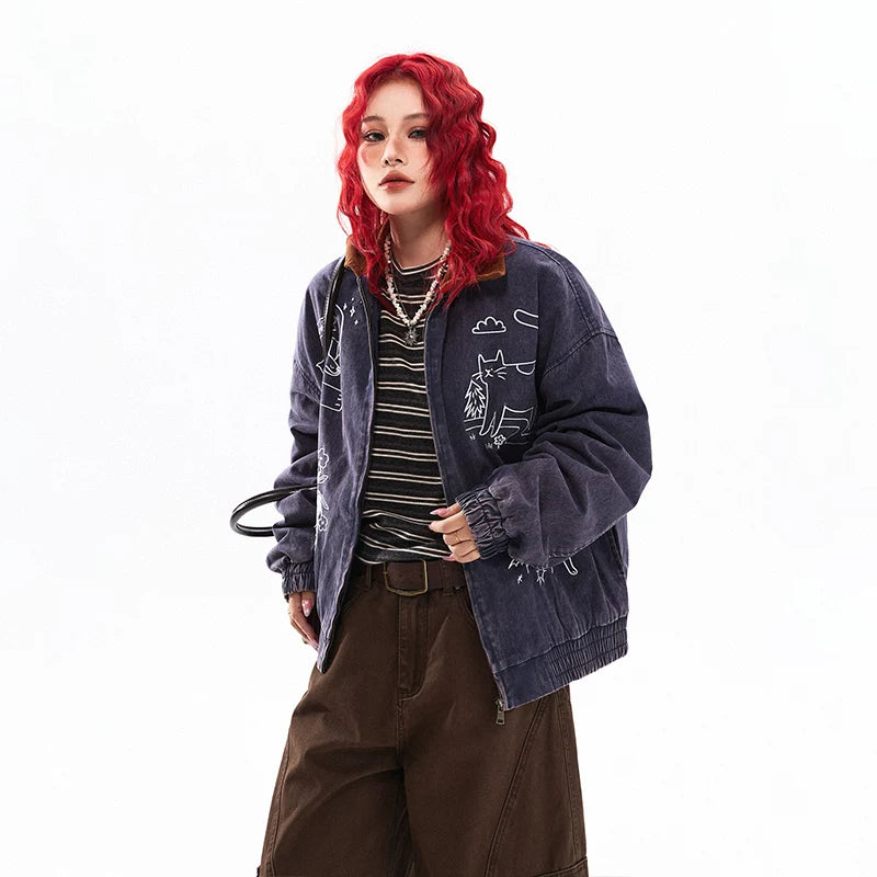 Cat Embroidered Zip-Up Work Jacket 3