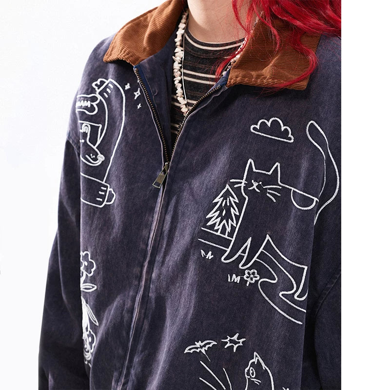 Cat Embroidered Zip-Up Work Jacket 4