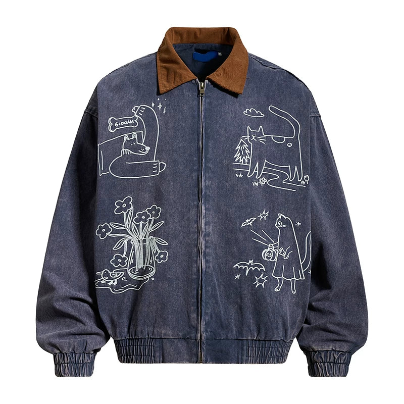Cat Embroidered Zip-Up Work Jacket 5
