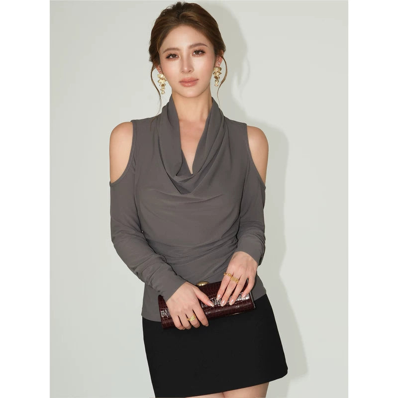 6177298226465,6177298226466,6177298226467,6177298226468,6177298226469,6177298226470,6177298226471,6177298226472, Cold Shoulder Draped Neck Long Sleeve Top