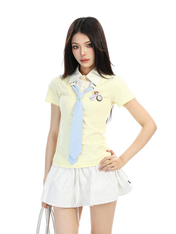 Collared Short-Sleeve Shirt with Star Tie 2