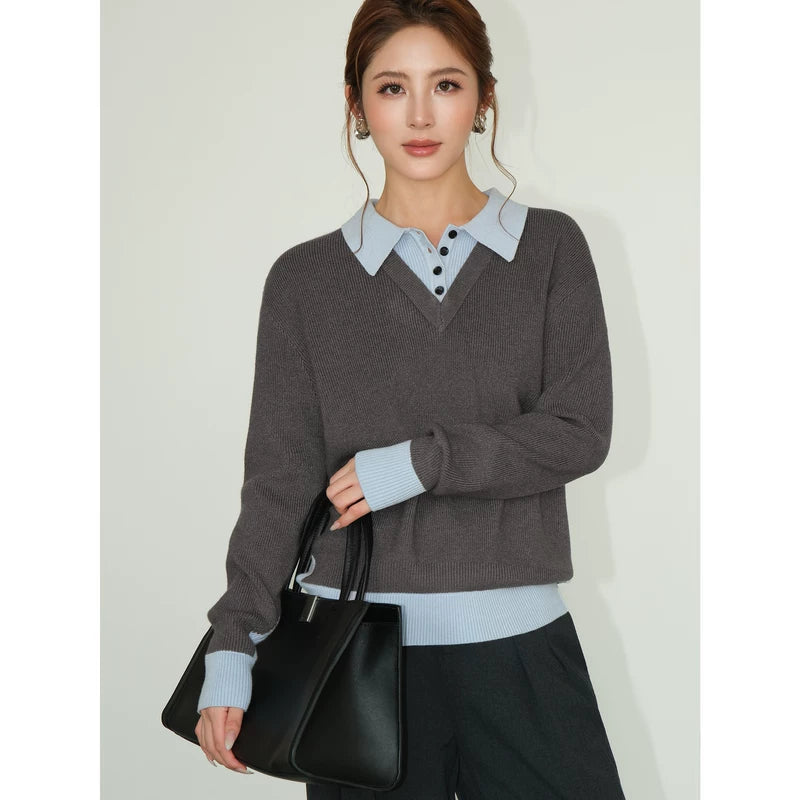 alt_id_8573579355, Colorblock Knit Polo Collar Sweater