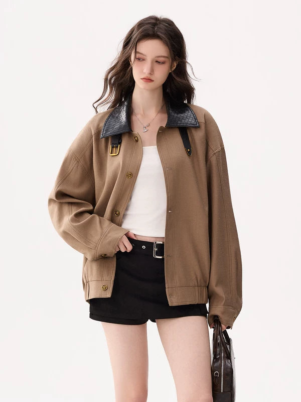 Colorblock Leather Collar Woven Jacket 2