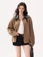 Colorblock Leather Collar Woven Jacket 2