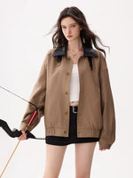 Colorblock Leather Collar Woven Jacket 3