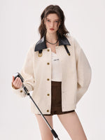 Colorblock Leather Collar Woven Jacket 5
