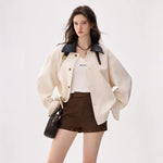 6031156768391,6031156768392,6031156768393, Colorblock Leather Collar Woven Jacket