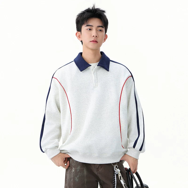 5922706448273,5922706448274,5922706448275,5922706448276,5922706448277, Colorblock Polo Collar Pullover Sweatshirt