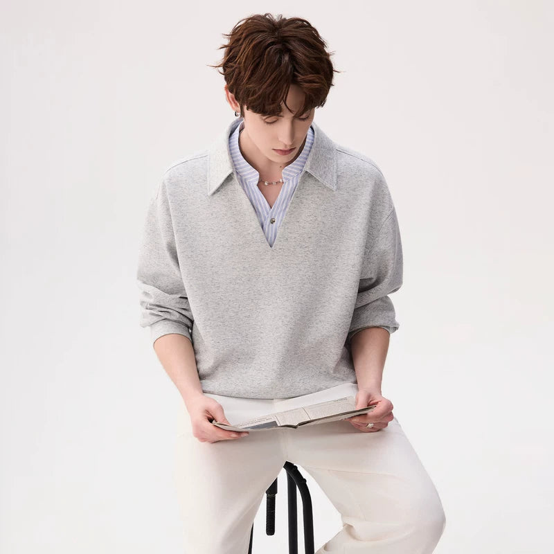 6195086366619,6195086366620,6195086366621,6195086366622, Cotton Linen Faux Layered Collar Sweatshirt