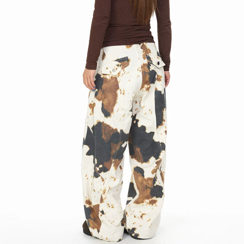 Cow Print Wide-Leg Street Style Pants 2