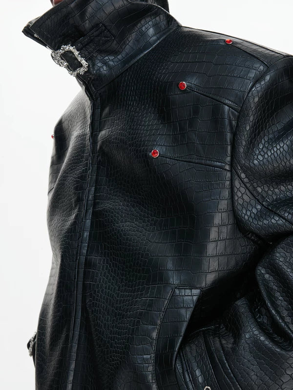 Crocodile Textured Stand Collar Leather Jacket 3