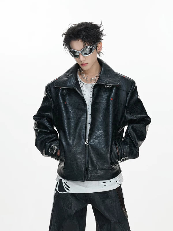 Crocodile Textured Stand Collar Leather Jacket 4