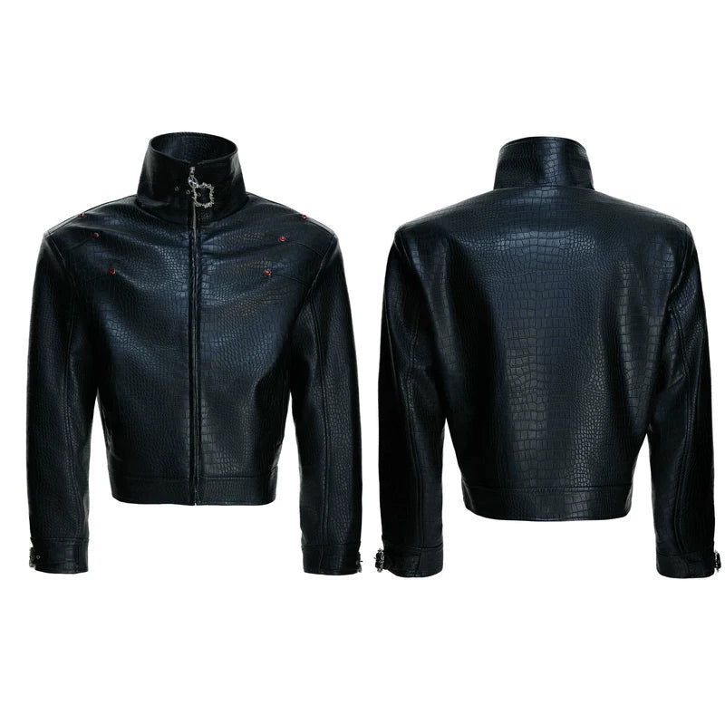 6189533046907,6189533046908,6189533046909,6189533046910,6190638091934, Crocodile Textured Stand Collar Leather Jacket