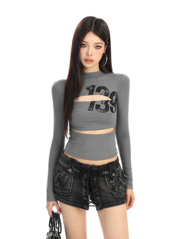 Cutout Letter Print Long Sleeve T-Shirt 2