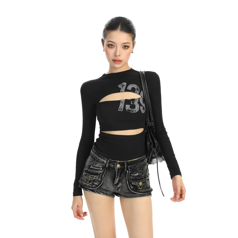 6202579939804,6202579939805,6202579939806, Cutout Letter Print Long Sleeve T-Shirt