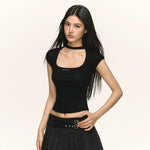 6200588143263,6200588143264,6200588143265,6200588143266, Cutout Neck Short Sleeve Crop Top